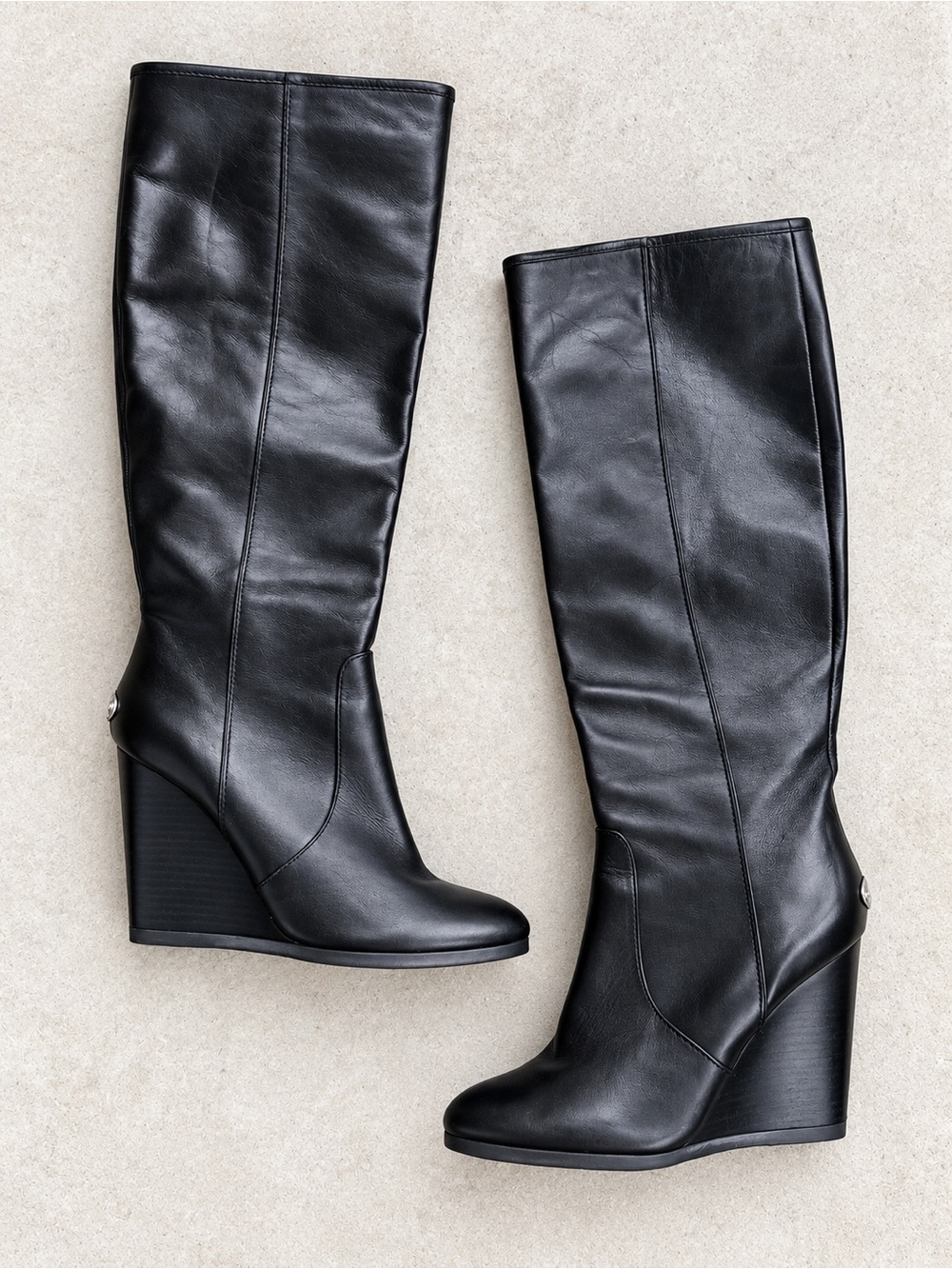 Coach Della Wedge Knee-high Leather Boots Wrapped Wedge Silver Logo on Heel 8.5